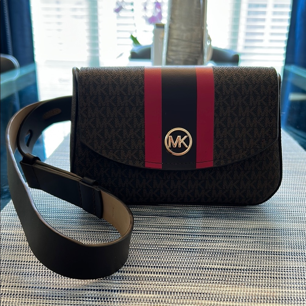 Michael Kors Black and Red Crossbody Bag with Monogram Design
